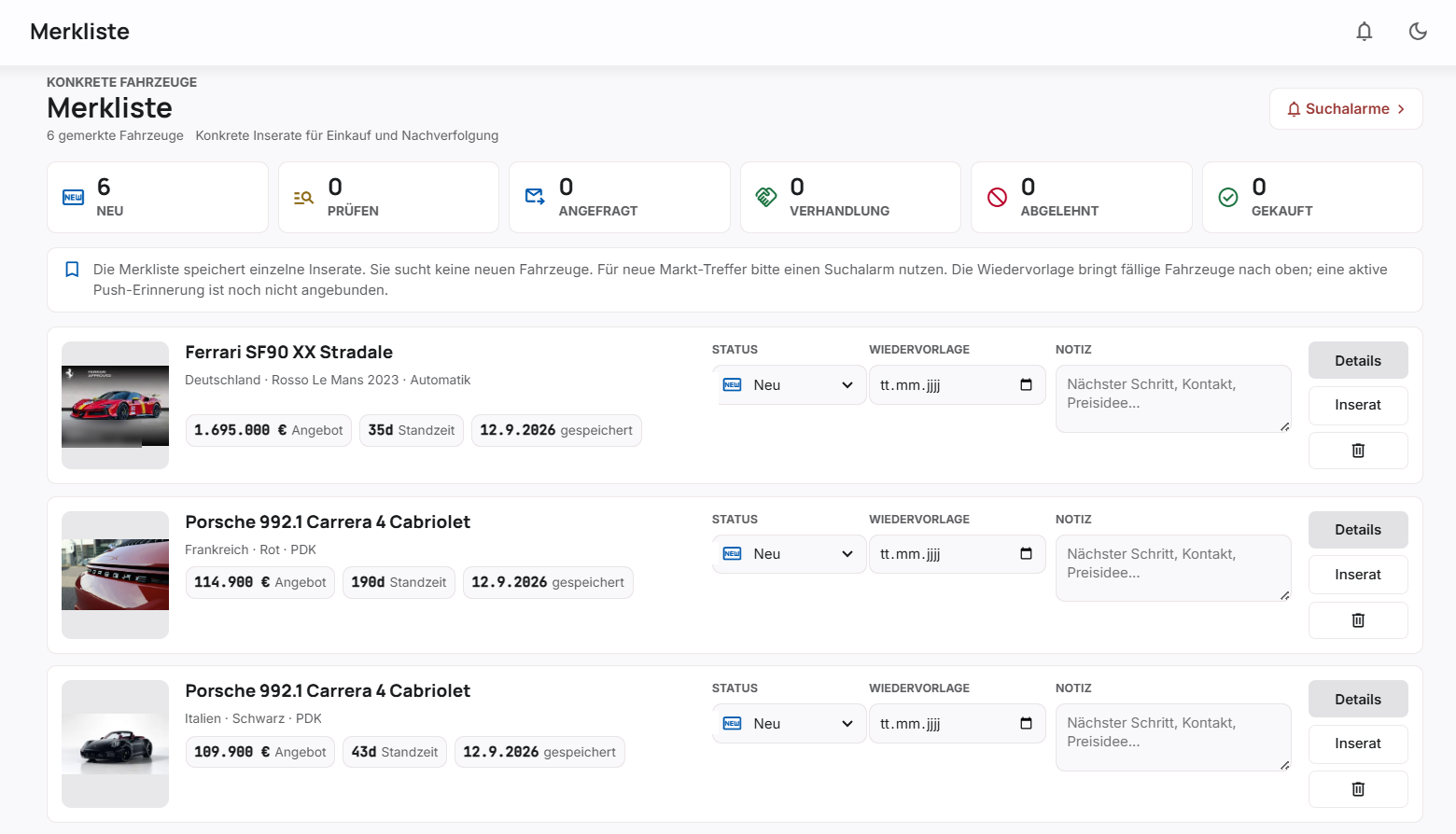 MarqueScope watchlist: saved listings with status, follow-up date and note