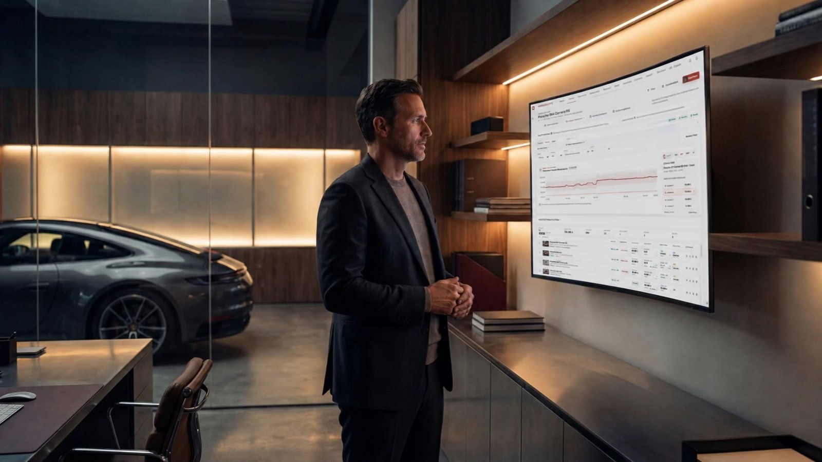 Sportwagen-Händler analysiert MarqueScope Marktdaten im Showroom mit Porsche 911